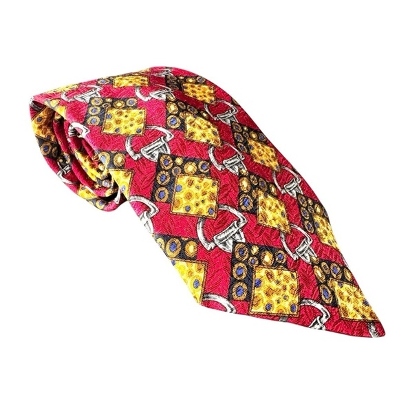 Celine Red & Gold Horse Bit 100% Silk Men’s Neck Tie - Picture 8 of 11